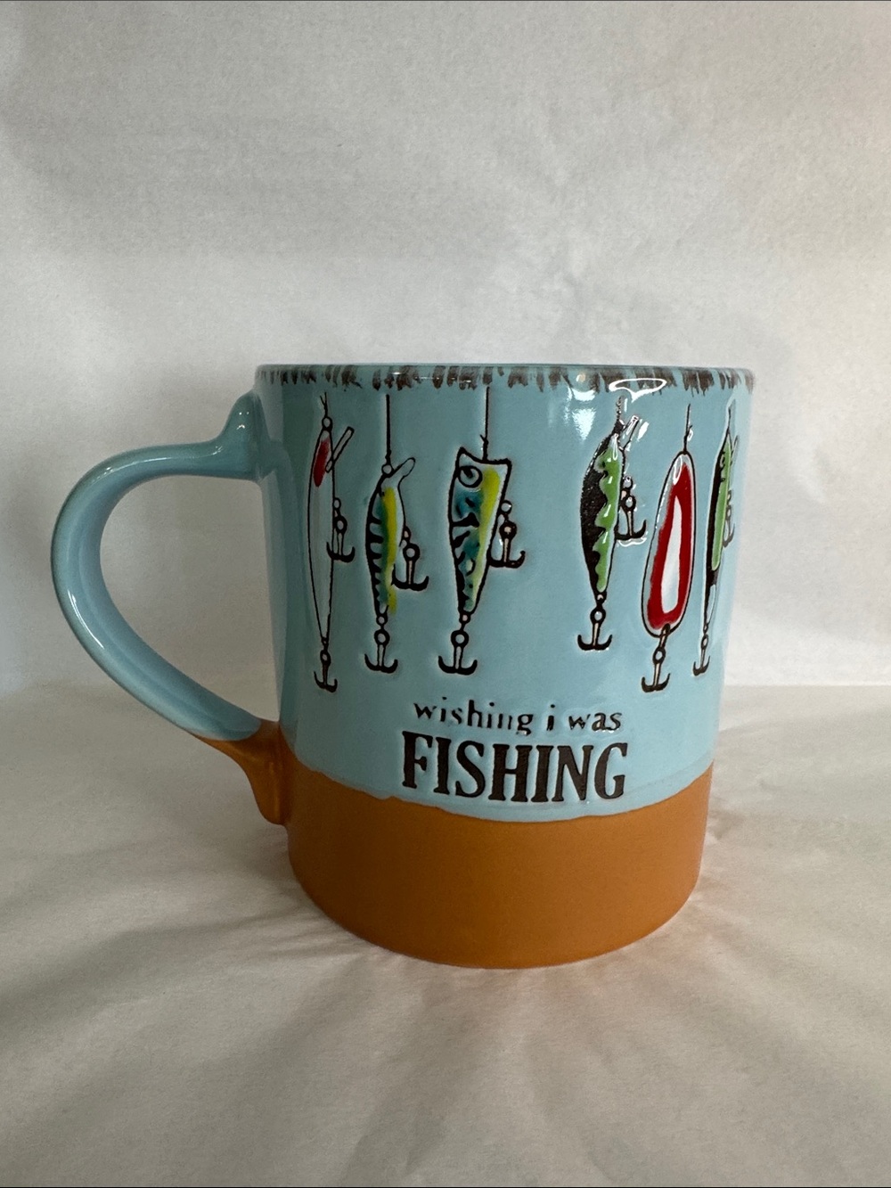 Wishing I Was Fishing Ceramic Mug - Blue and Brown - Picture 3 of 7